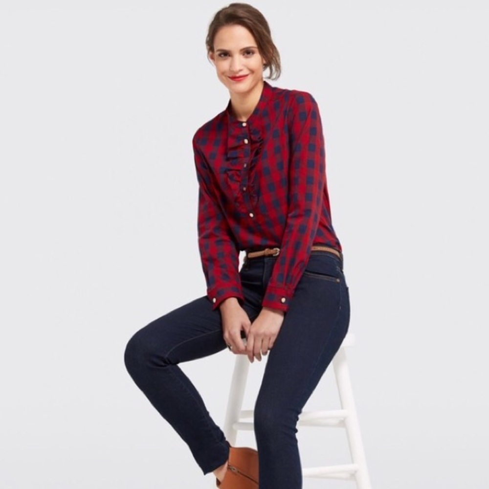 Draper James Red Blue Plaid Ruffled Popover Top